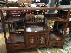 A Chinese cherrywood display stand, the rectangular top with mother of pearl inlay, above twin