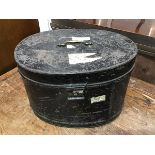 A 19thc oval tole hatbox, the top with brass swan neck handle, with green painted interior by John