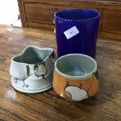 A group of Studio Pottery including a crimped stoneware bowl, signed McColl, 14, together with