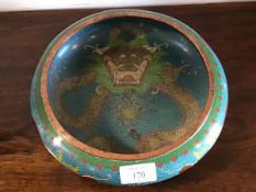 An early 20thc cloisonne bowl, decorated with dragons, turquoise ground (h.8cm d.25cm)