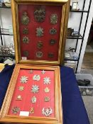 Two framed collections of British Military cap badges including Scottish and Gurkha regiments, Royal