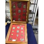 Two framed collections of British Military cap badges including Scottish and Gurkha regiments, Royal