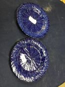 A pair of unusual 19thc blue glazed majolica leaf pattern plates (losses) (d.21cm)