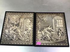 A pair of textile panels, probably French, c. 1800, each en grisaille with a mother and children