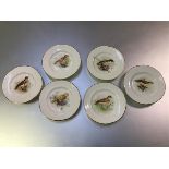 A set of six small Royal Worcester hand-painted bird plates, factory marks mostly 1908, each