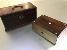 A George III inlaid mahogany tea caddy, the cover with chequered string inlay and brass bale handle,