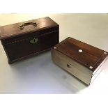 A George III inlaid mahogany tea caddy, the cover with chequered string inlay and brass bale handle,