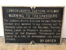 Railwayana: a LNER (London & North Eastern Railway) cast iorn Warning to Trespassers sign. 43cm by