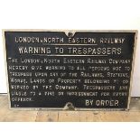 Railwayana: a LNER (London & North Eastern Railway) cast iorn Warning to Trespassers sign. 43cm by