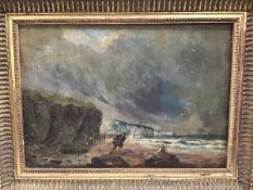 English School, 19th Century, Figures on a Windswept Shore, oil on panel, framed. 20.5cm by 29.5cm