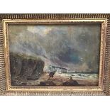 English School, 19th Century, Figures on a Windswept Shore, oil on panel, framed. 20.5cm by 29.5cm