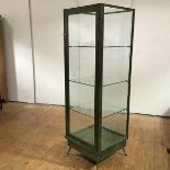 A freestanding display cabinet, the wooden frame with simulated verdigris finish and cast-brass