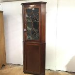 A late 19th century mahogany standing corner cabinet, the projecting cornice above a glazed astragal