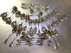 A composed silver flatware service, 19th century and later, Fiddle and Hanoverian Fiddle pattern,