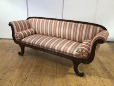 A Scottish Regency mahogany sofa, the reeded back and scroll arms enclosing a striped watered silk