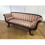 A Scottish Regency mahogany sofa, the reeded back and scroll arms enclosing a striped watered silk