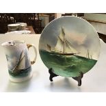 A 19th century hand painted plate, E.J.D. Bodley (Staffordshire), decorated with a yacht in full