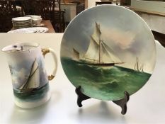 A 19th century hand painted plate, E.J.D. Bodley (Staffordshire), decorated with a yacht in full