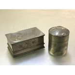 A Chinese pewter tobacco jar and cigarette box, c. 1920, both with stamped marks for Kut Hing,
