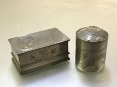 A Chinese pewter tobacco jar and cigarette box, c. 1920, both with stamped marks for Kut Hing,