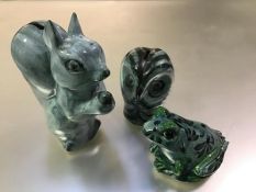 David Sharp for Rye Pottery, a squirrel money bank and an owl money bank, each in mottled blue glaze