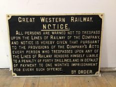 Railwayana: GWR (Great Western Railway), a cast iron Notice to Trespassers. 52cm by 75cm