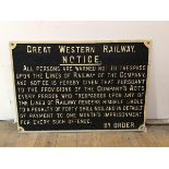 Railwayana: GWR (Great Western Railway), a cast iron Notice to Trespassers. 52cm by 75cm