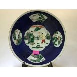 A Chinese porcelain dish, decorated with famille rose cartouches against a powder blue ground, the