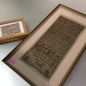 A 19th century needlework sampler, Jessy Maxton 1815, worked in polychrome threads with bands of