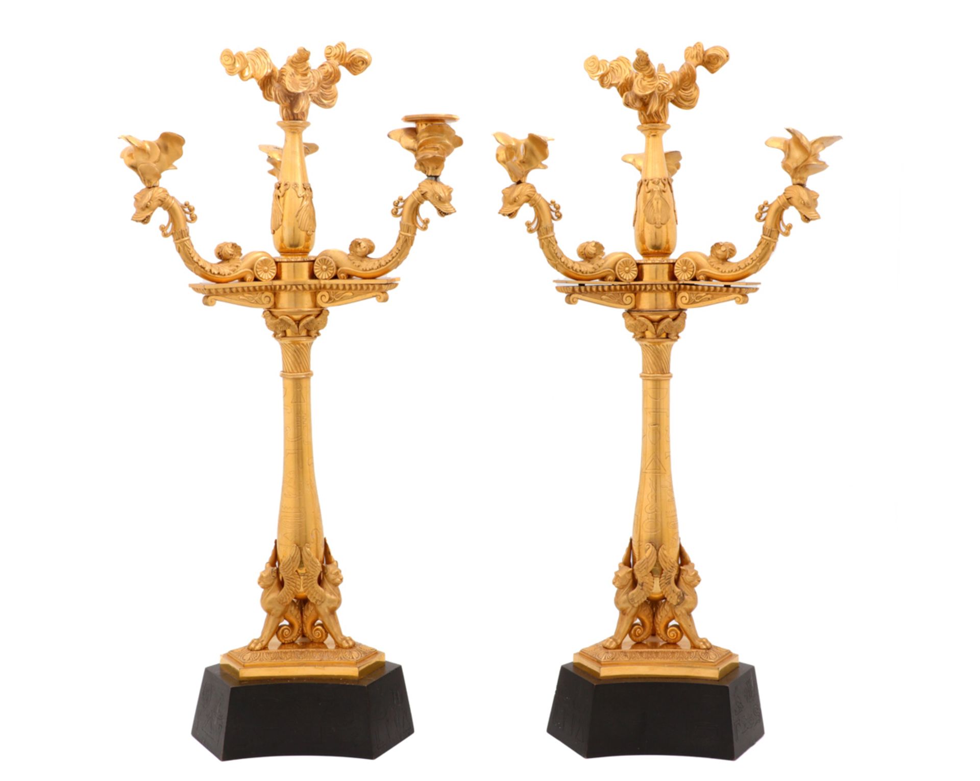 AN IMPORTANT PAIR OF ORMOLU CANDELABRA, AFTER THOMAS HOPE Four-lights, after a drawing publiched