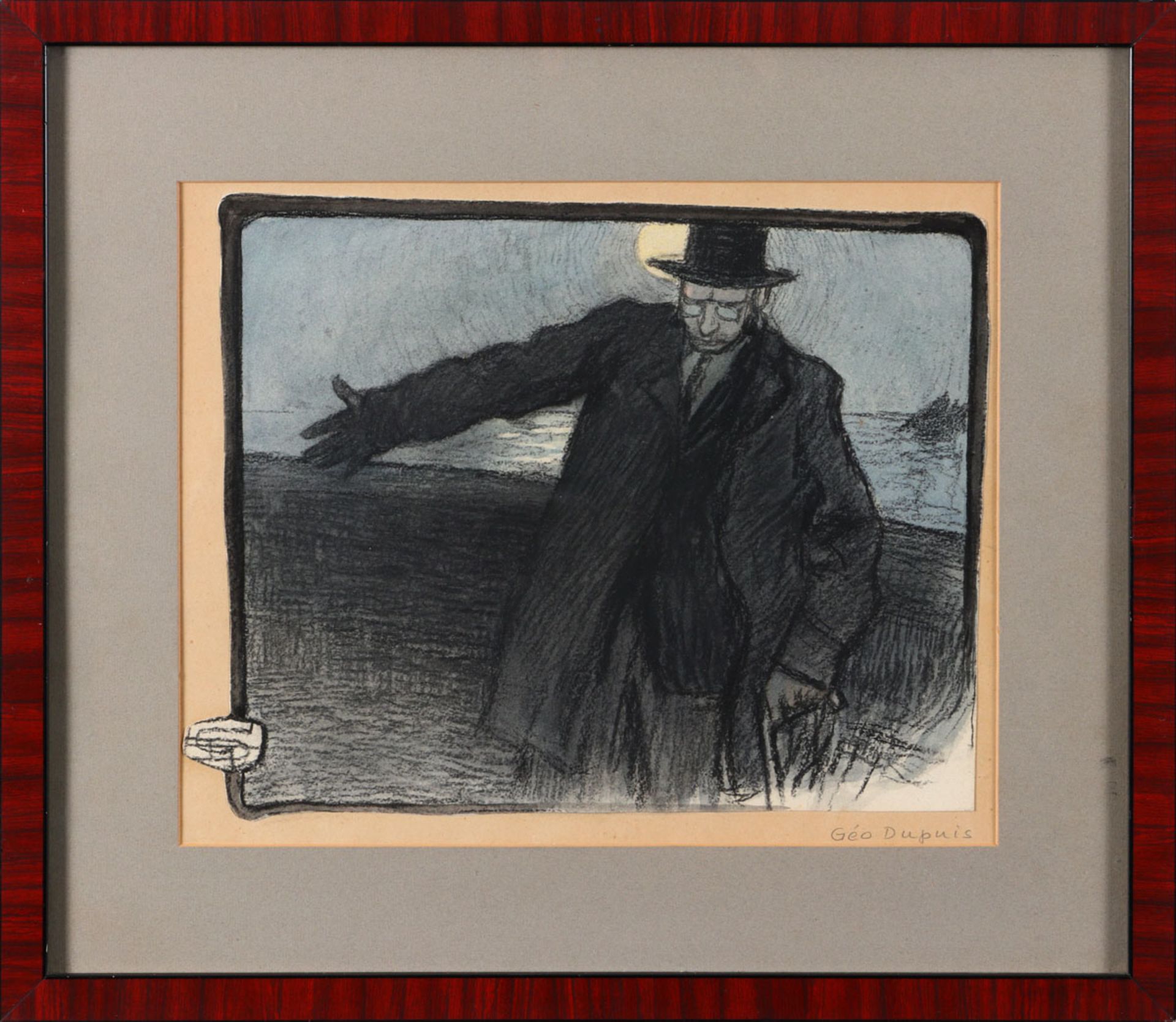 GÉO DUPUIS (1875-1932), MAN WALKING IN THE MOONLIGHT Mixed media on paper. Signed with monogram.