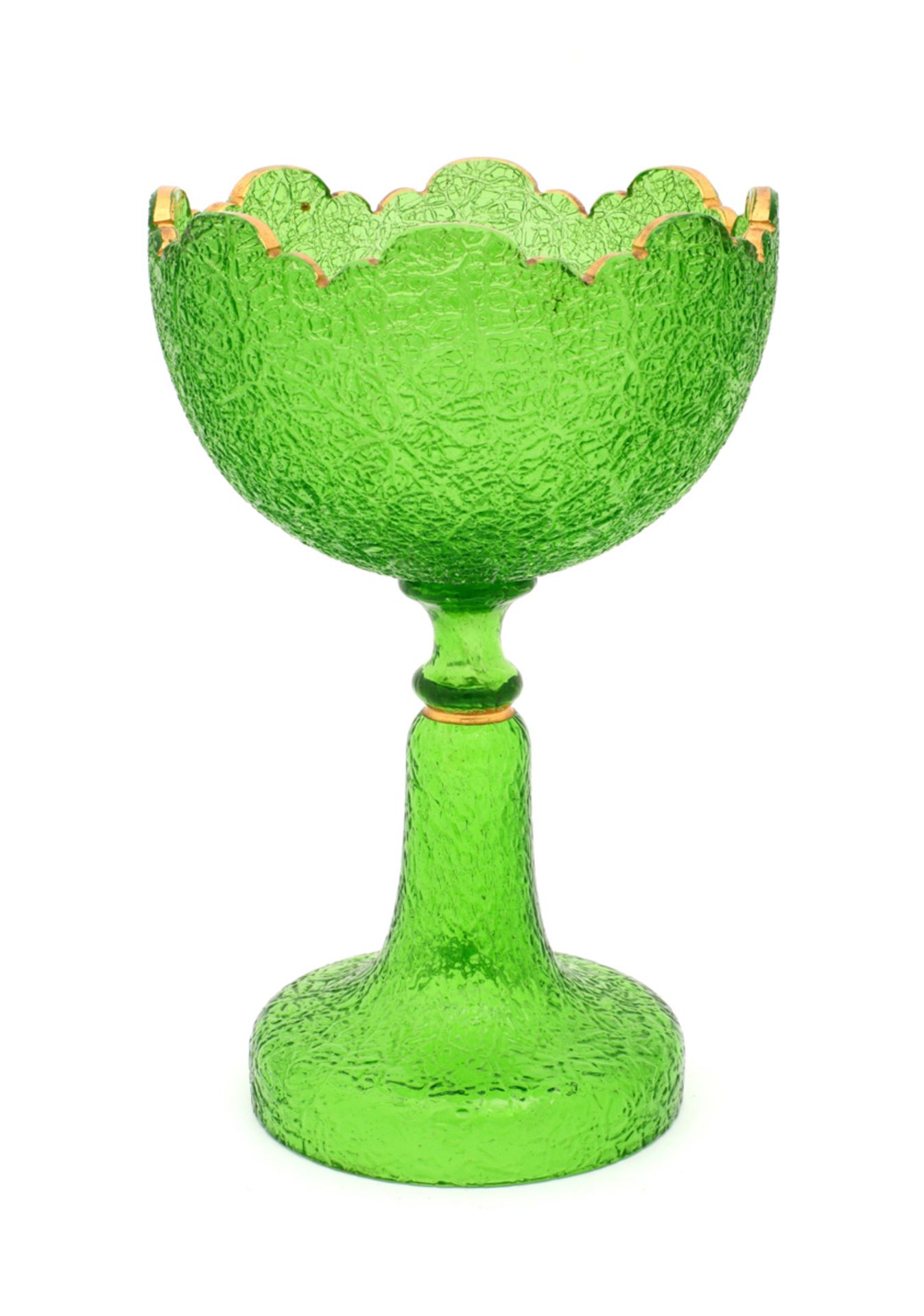 A BOHEMIAN CRYSTAL BOWL Green crystal, "ice-glass" decoration with gilt edge. Bohemia, late 19th