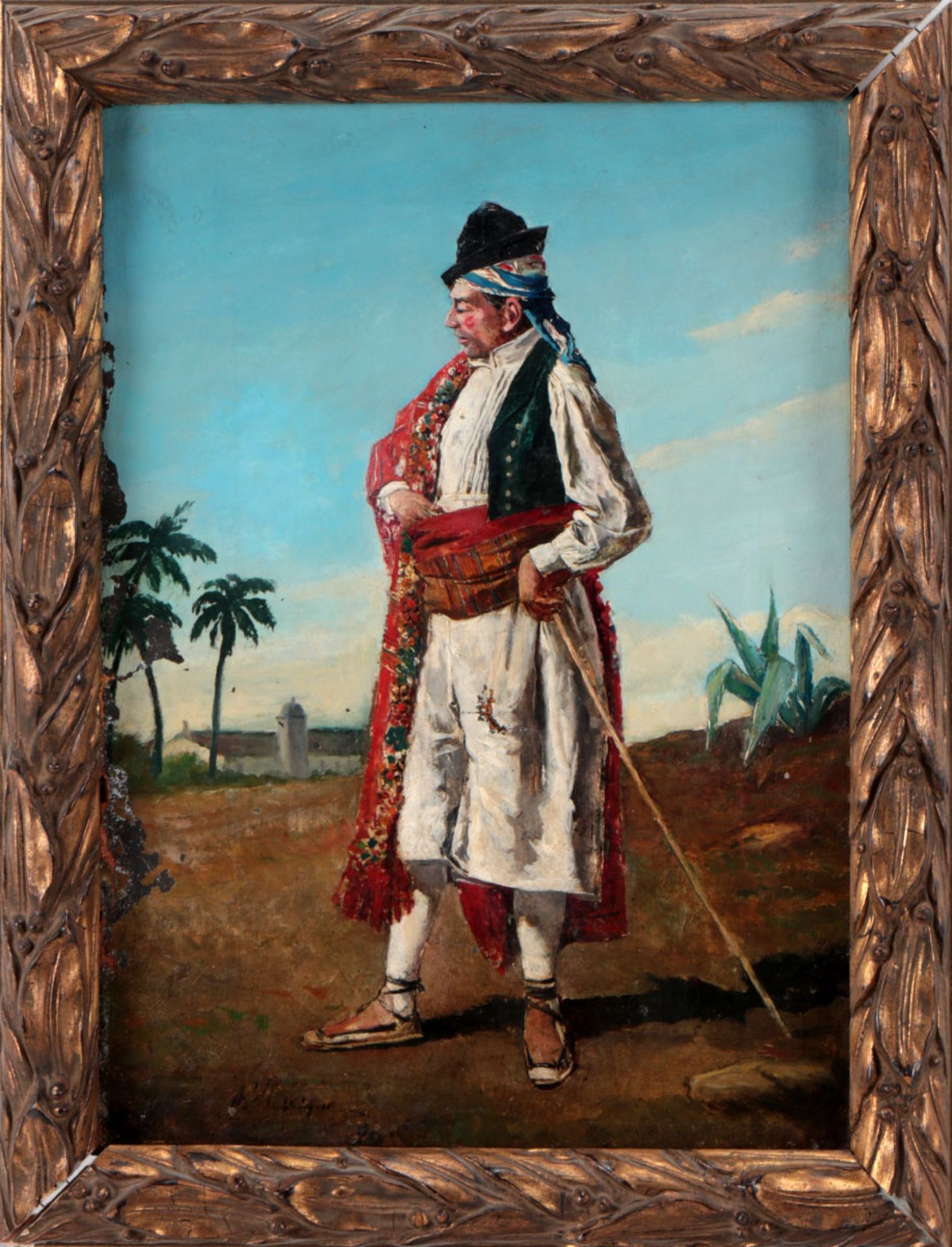 MEXICAN SCHOOL (19TH CENTURY), MALE FIGURE Oil on canvas. Signed (unidentified). Dated 1880(?).