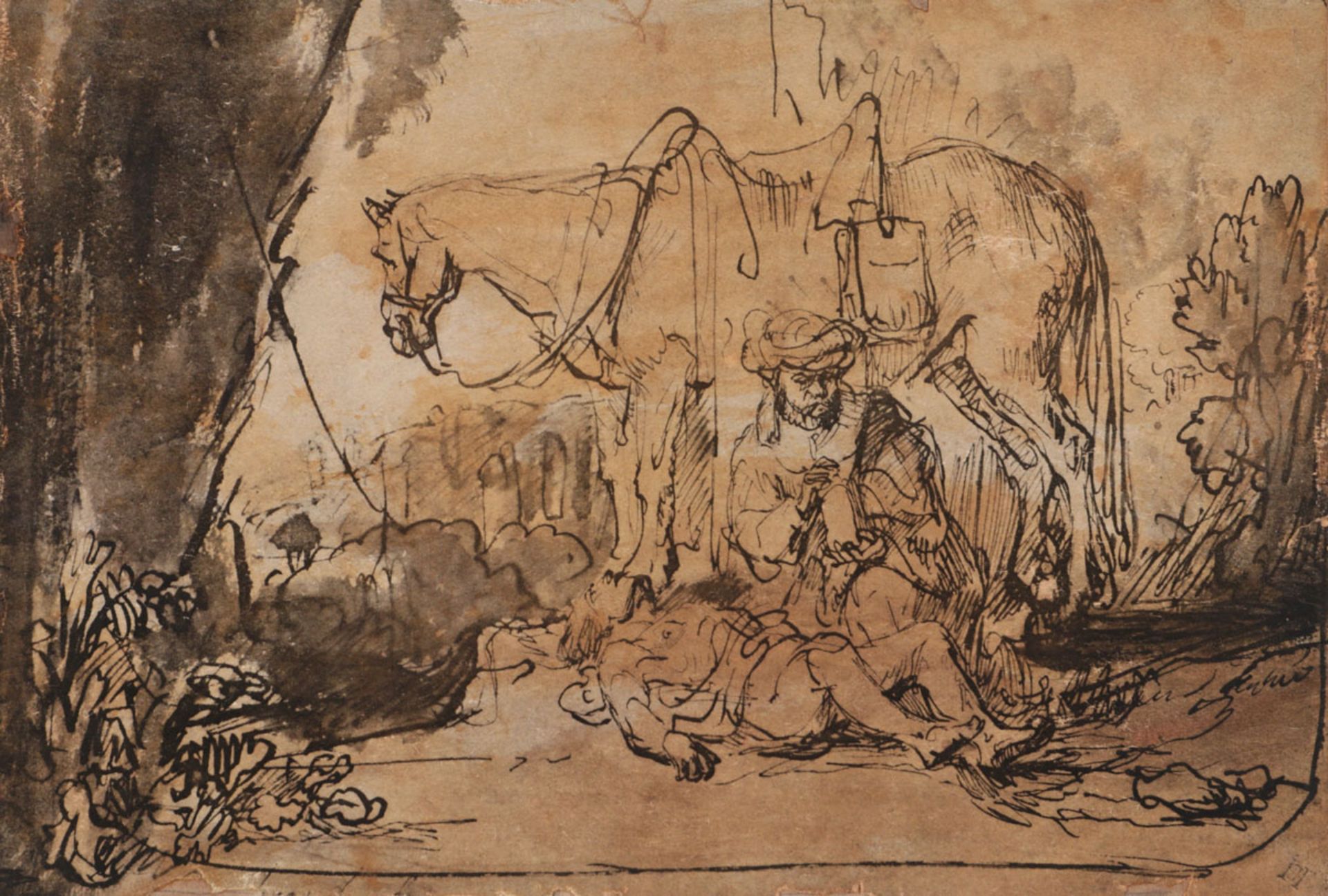 DUTCH SCHOOL (17TH/18TH CENTURY), THE GOOD SAMARITAN Ink and wash on paper, school of Rembrandt.