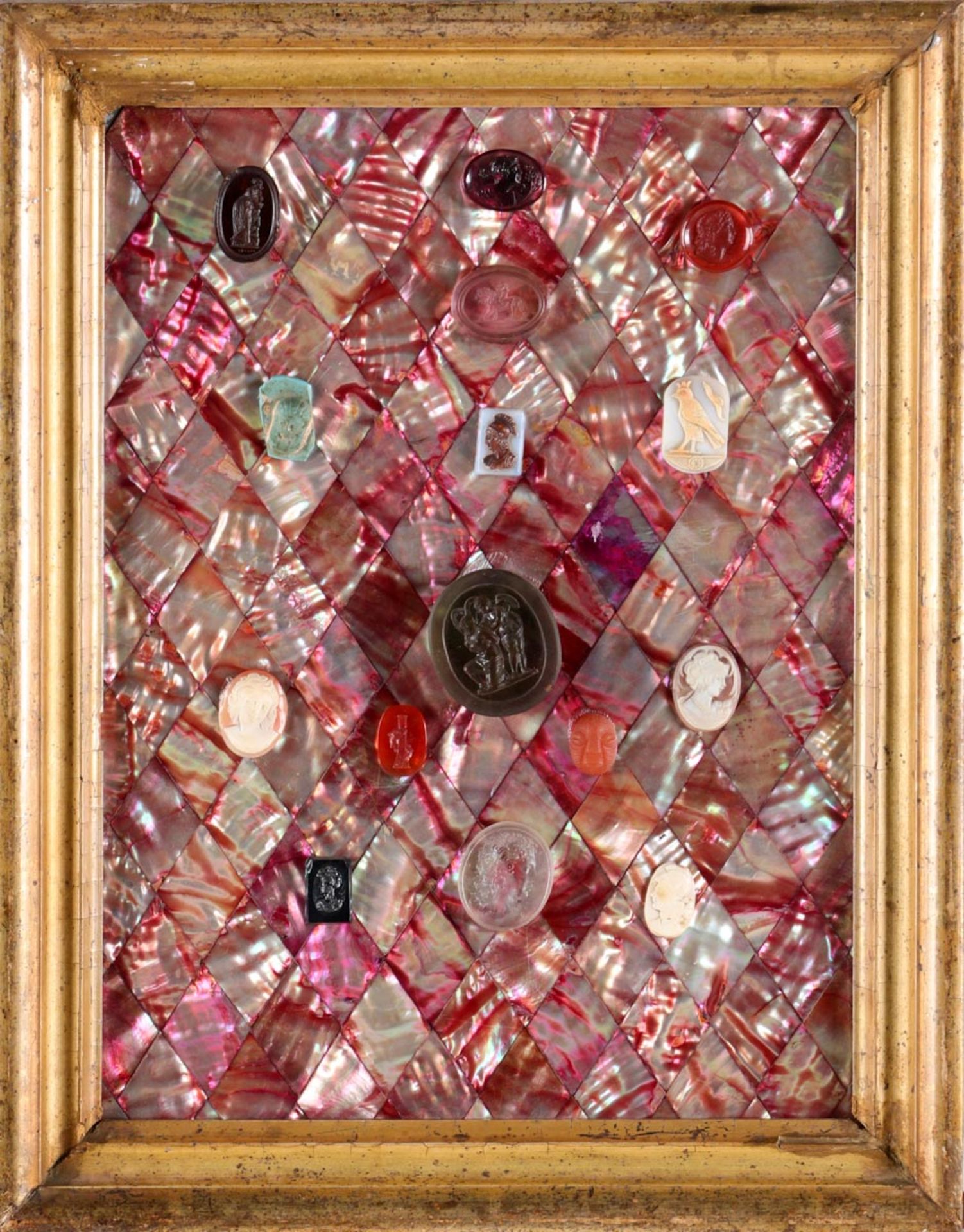 A DECORATIVE BOARD IN MOTHER OF PEARL WITH CAMEOS AND INTAGLI Board with mother of pearl plaques,