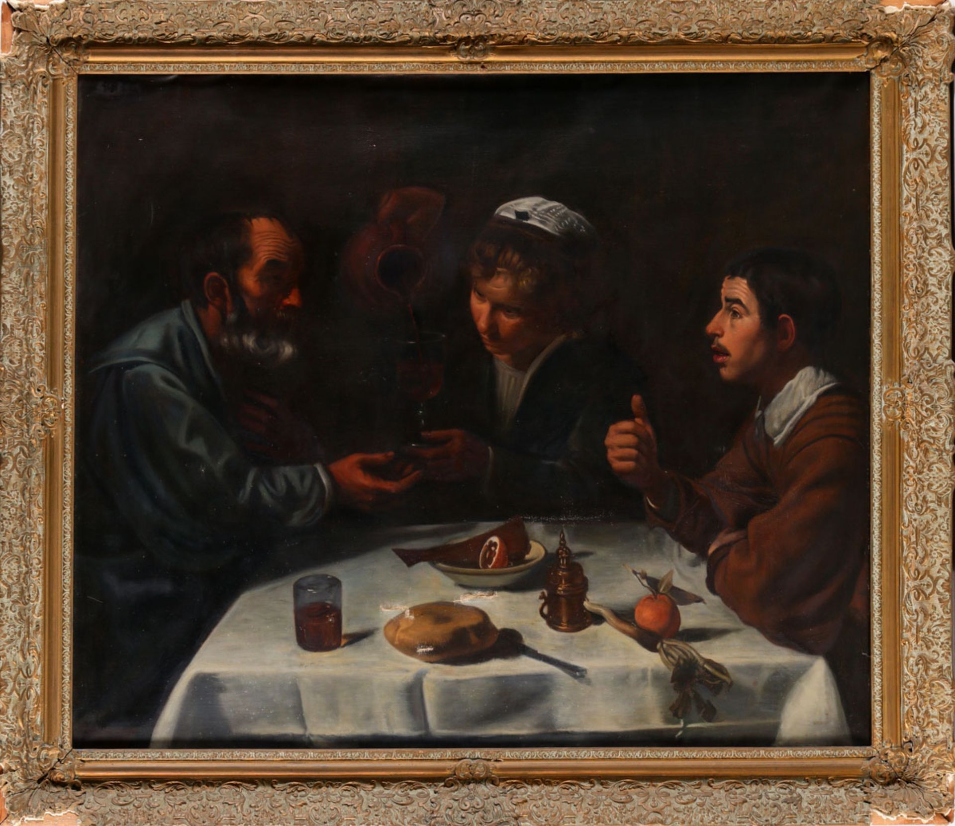 AFTER VELÁZQUEZ, "THE LUNCH" Oil on canvas. Signed. Defects. Gilded wood and plaster frame (