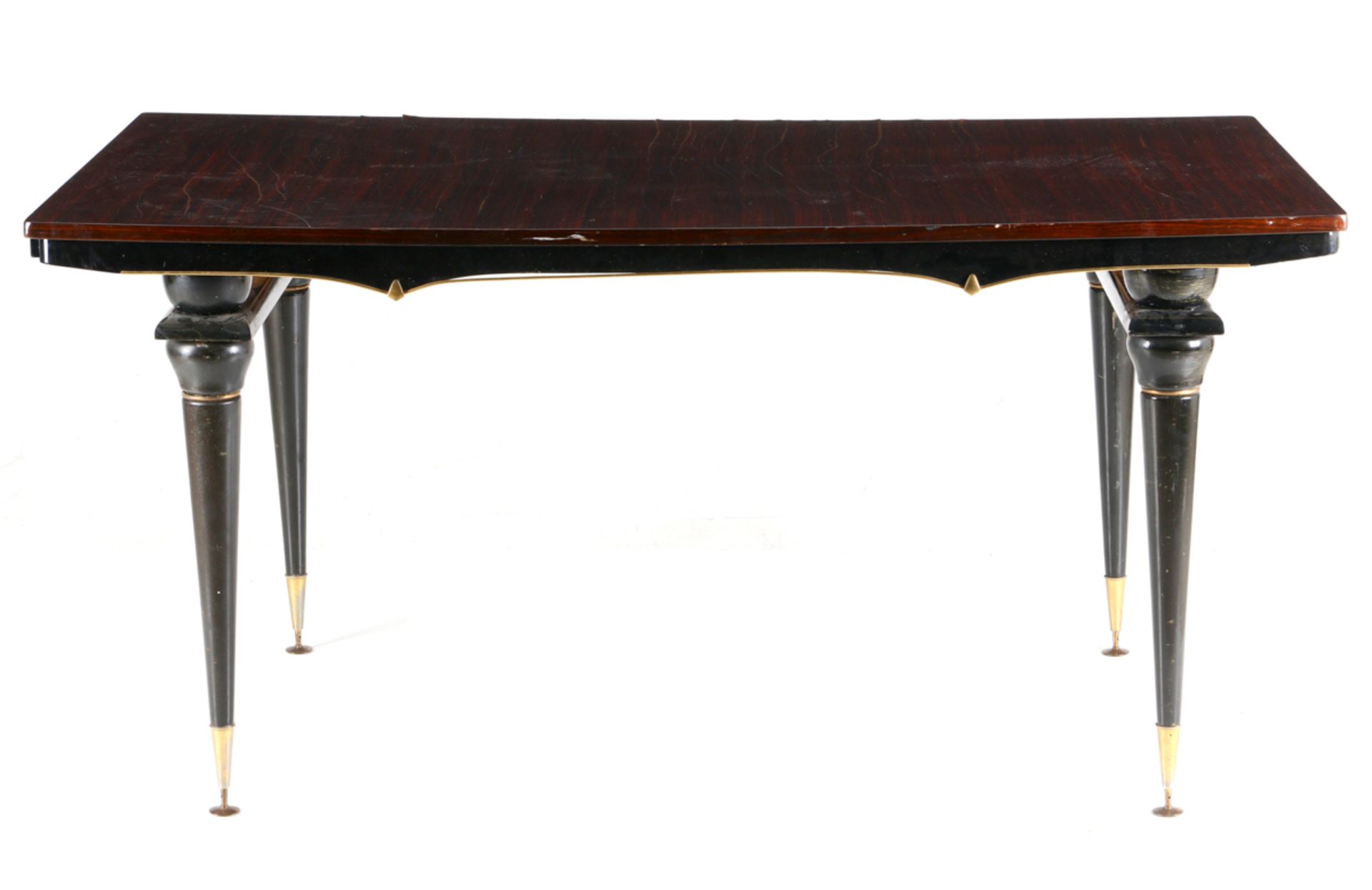 A FRENCH ART DÉCO TABLE Zebra-wood top and ebonized wood structure, feet with metal appliques.