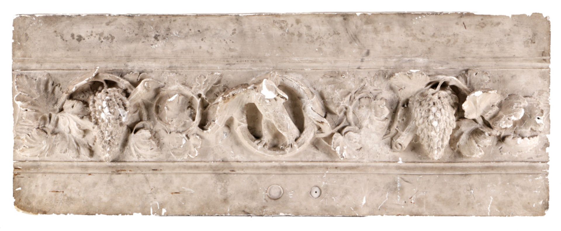 A PANEL WITH GRAPE LEAVES Plaster, decoration in relief depicting grapes and leaves.. Europe, 19th