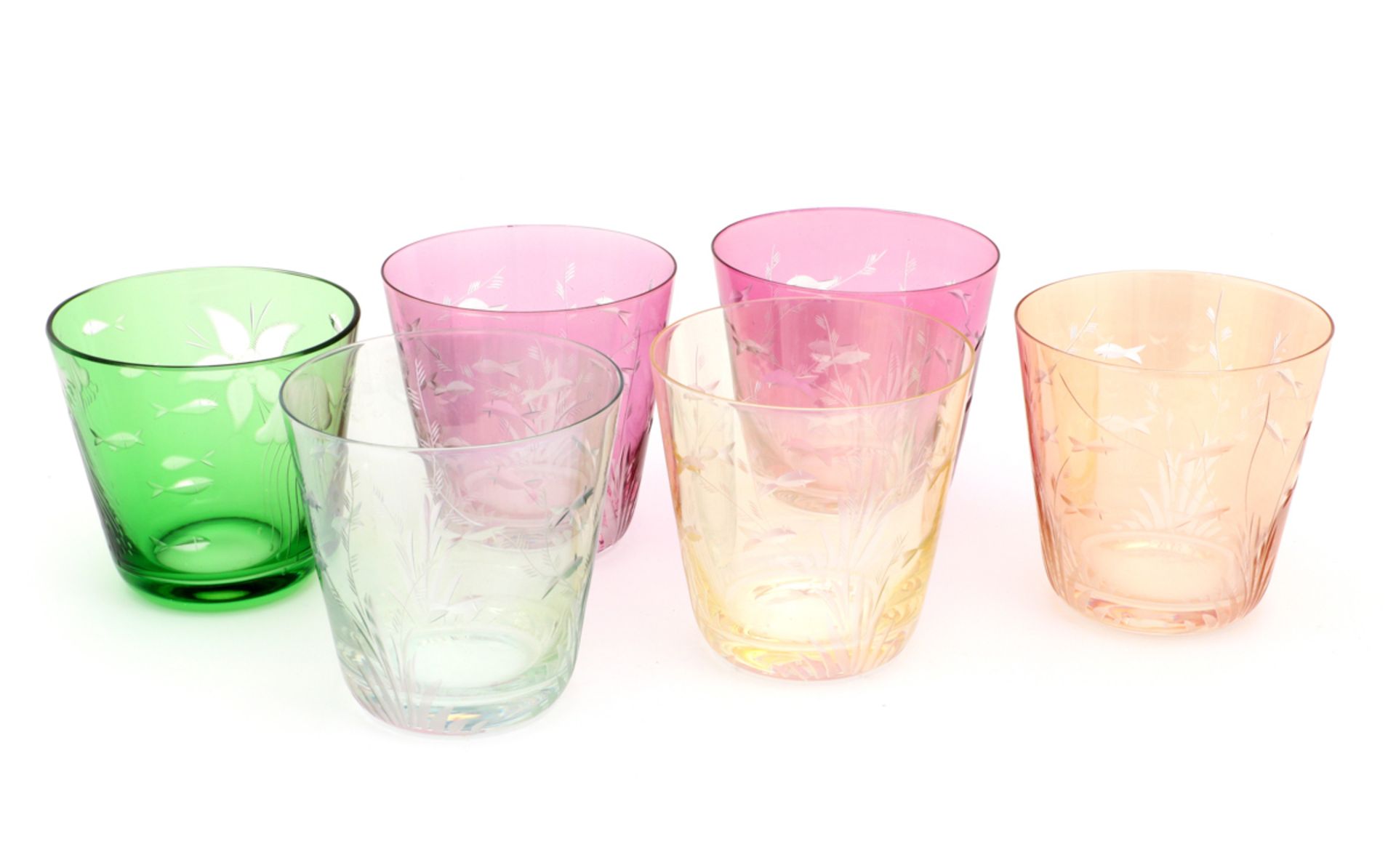 SIX GLASSES For water, colored glass, made by Carl Rotter (Lübeck), mid 20th Century, engraved