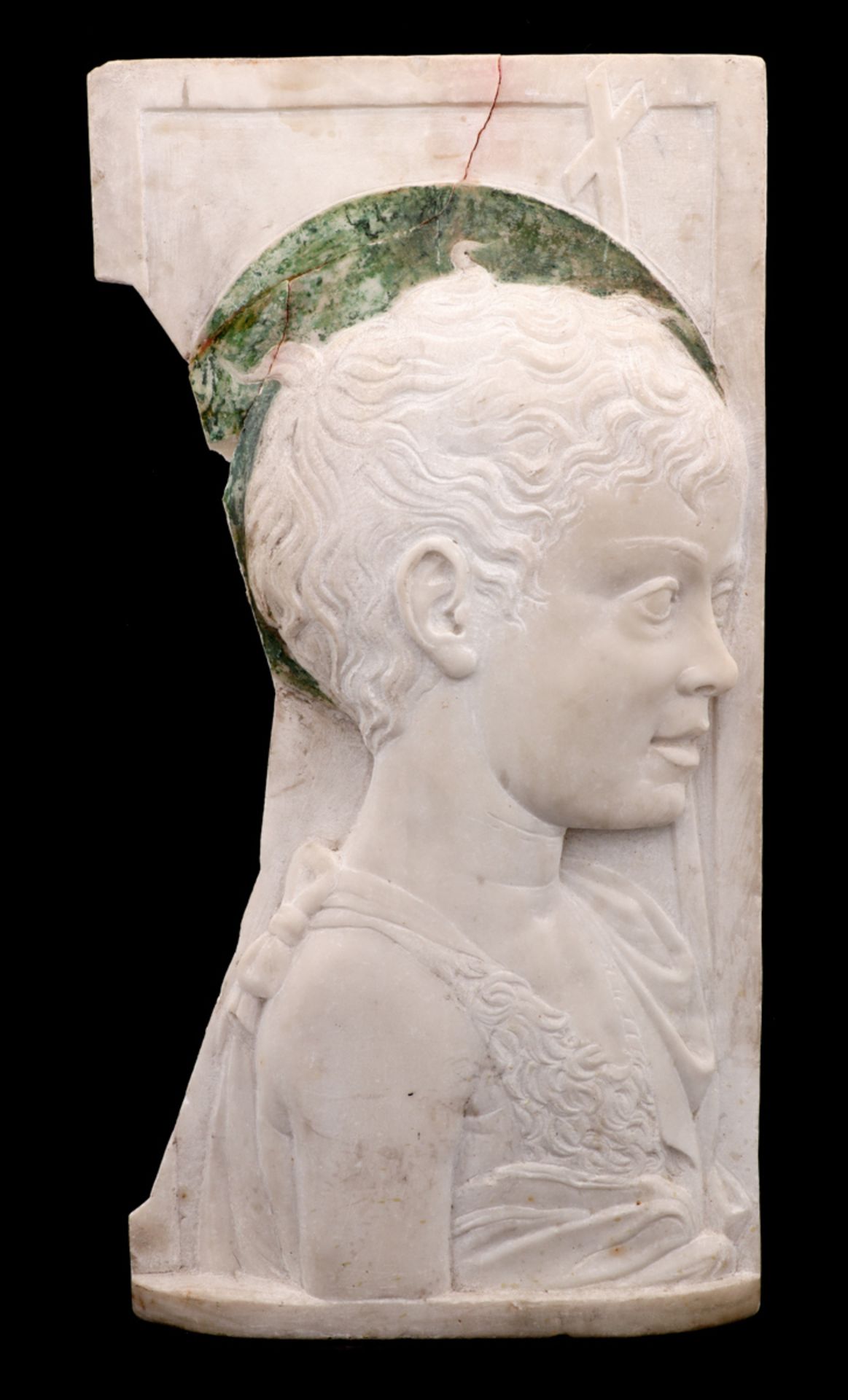 YOUNG SAINT JOHN THE BAPTIST Carved marble relief, partially painted in green, after a model by