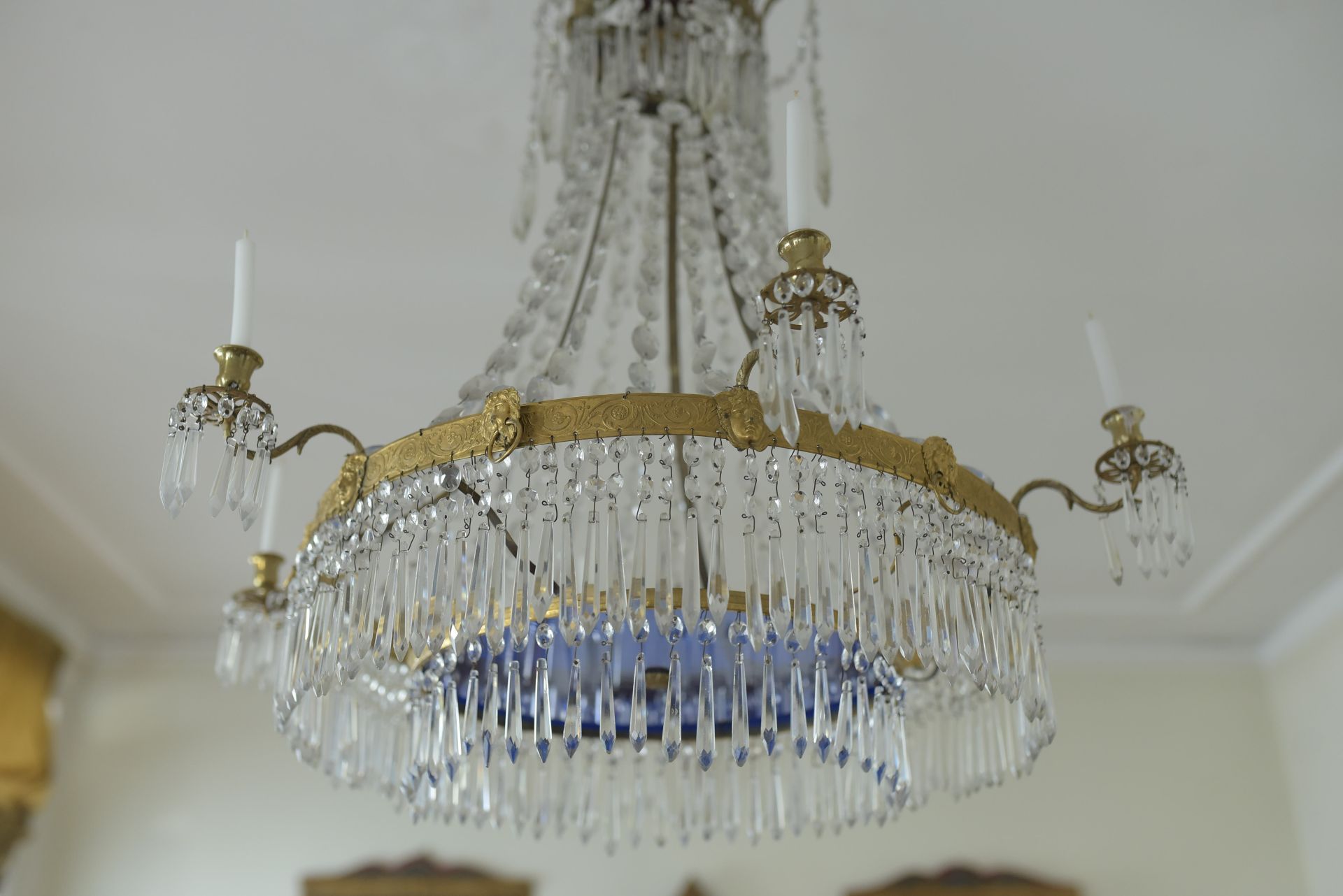 AN IMPORTANTE LATE 18TH CENTURY CHANDELIER Six-lights, gilt bronze and crystal, blue glass