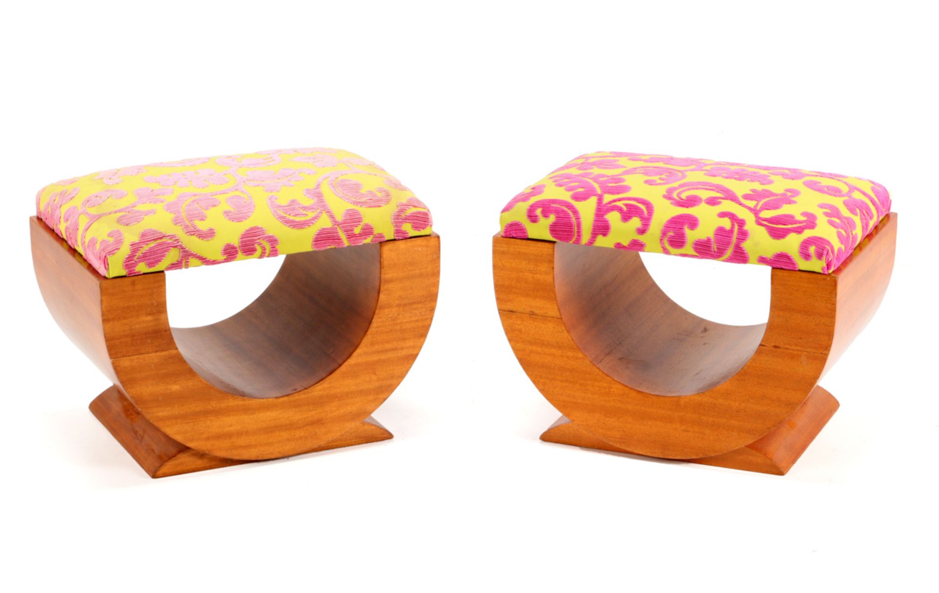 A PAIR OF ART DÉCO STOOLS Beechwood, removable lined seats. Losses and defects.