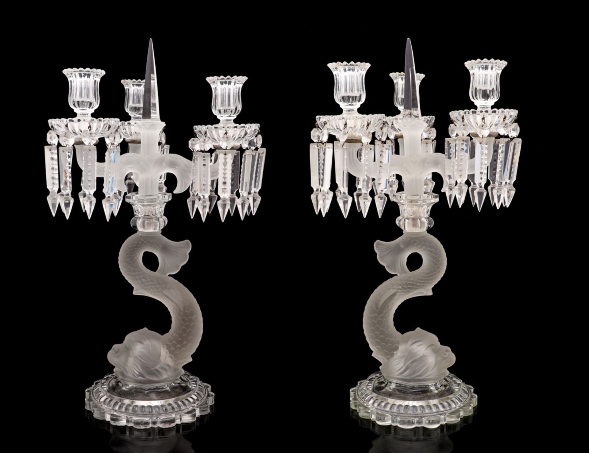 A PAIR OF BACCARAT STYLE CANDELABRA Three-lights, Baccarat style crystal, decoration depicting