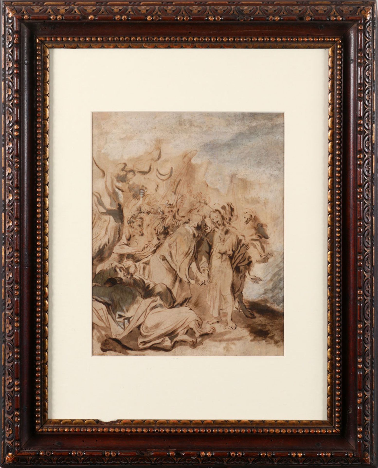 ITALIAN SCHOOL (18TH CENTURY), CHRIST HEALING THE SICK Ink and wash on paper. Carved walnut frame,