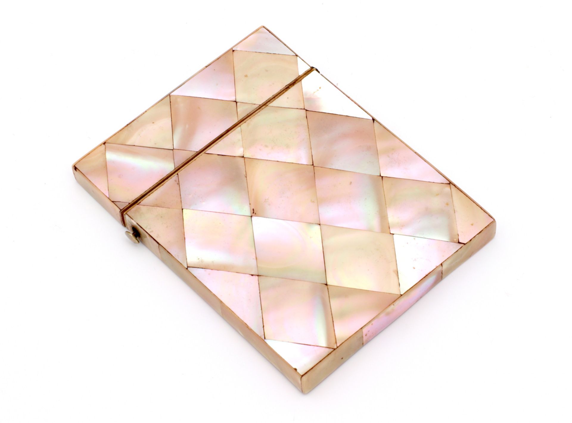 A MOTHER OF PEARL CARD HOLDER Wood, with mother of pearl plaques and metal structure. 20th