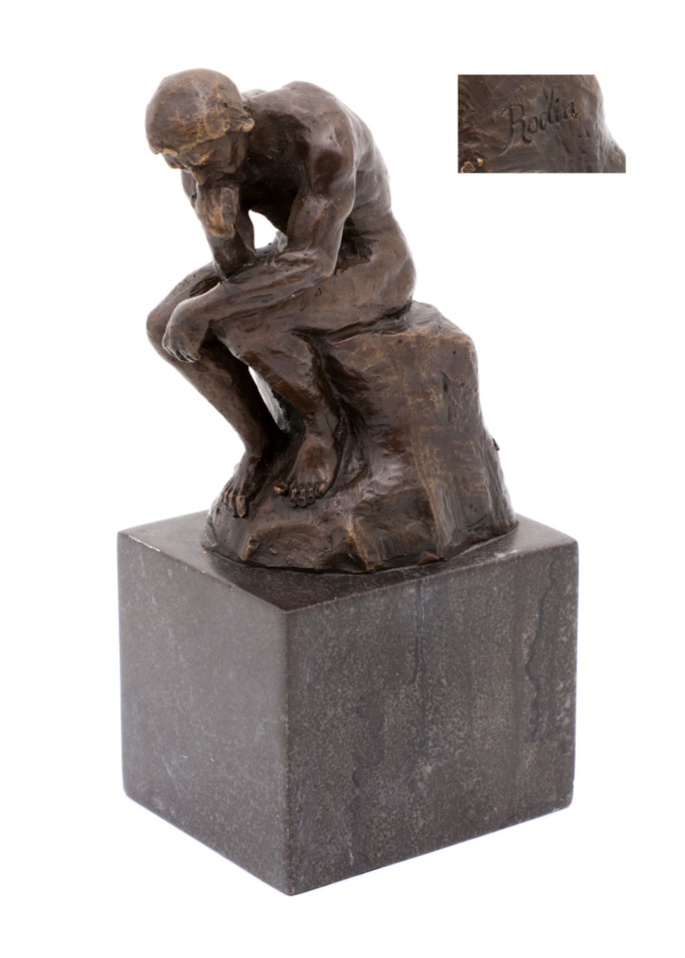 "LE PENSEUR" Bronze sculpture, after "Le Penseur" by Rodin, signed "Rodin". Black marble base. Total