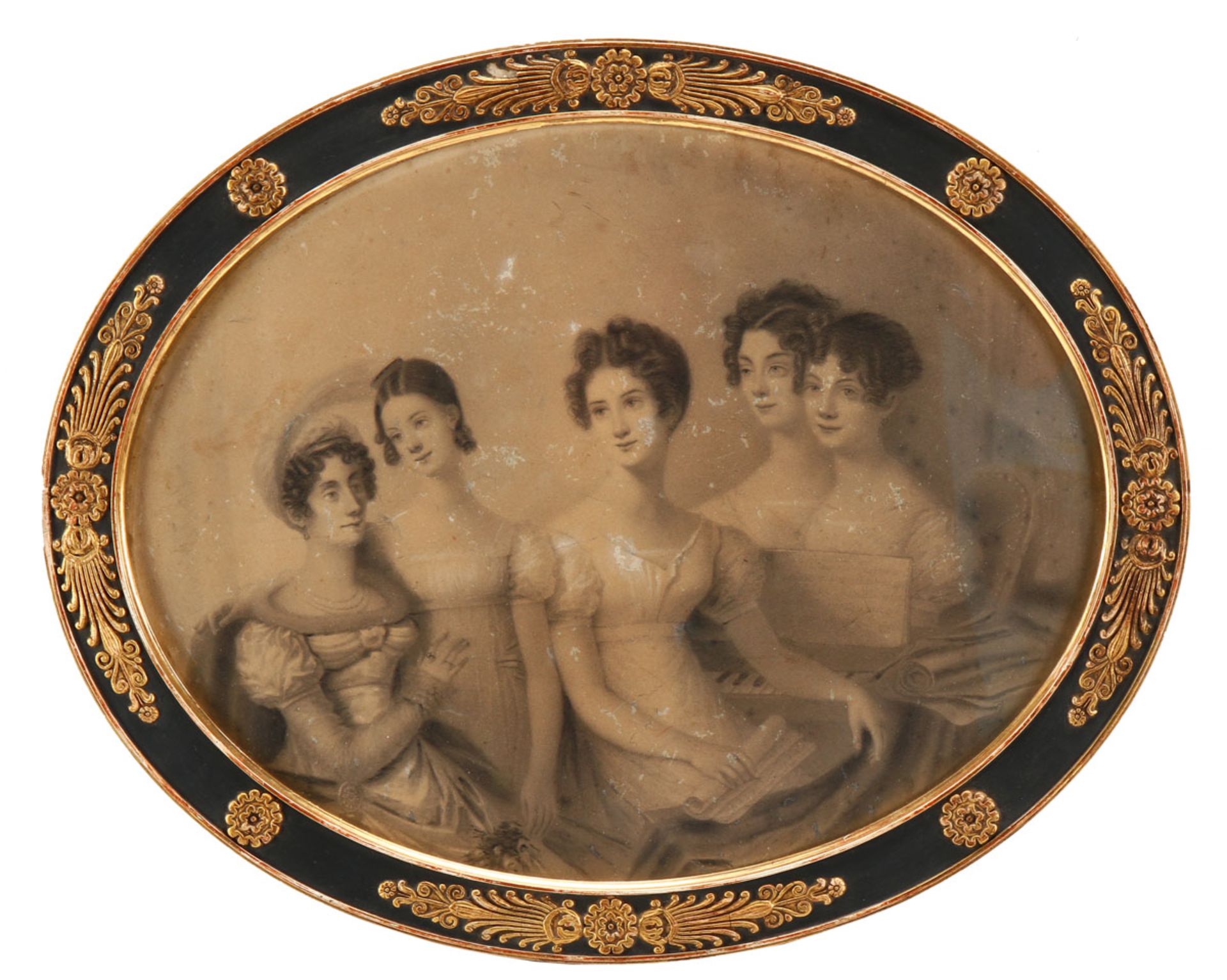 FRENCH SCHOOL (19TH CENTURY), FAMILY SCENE Grisaille pastel on paper, with a rich oval frame in
