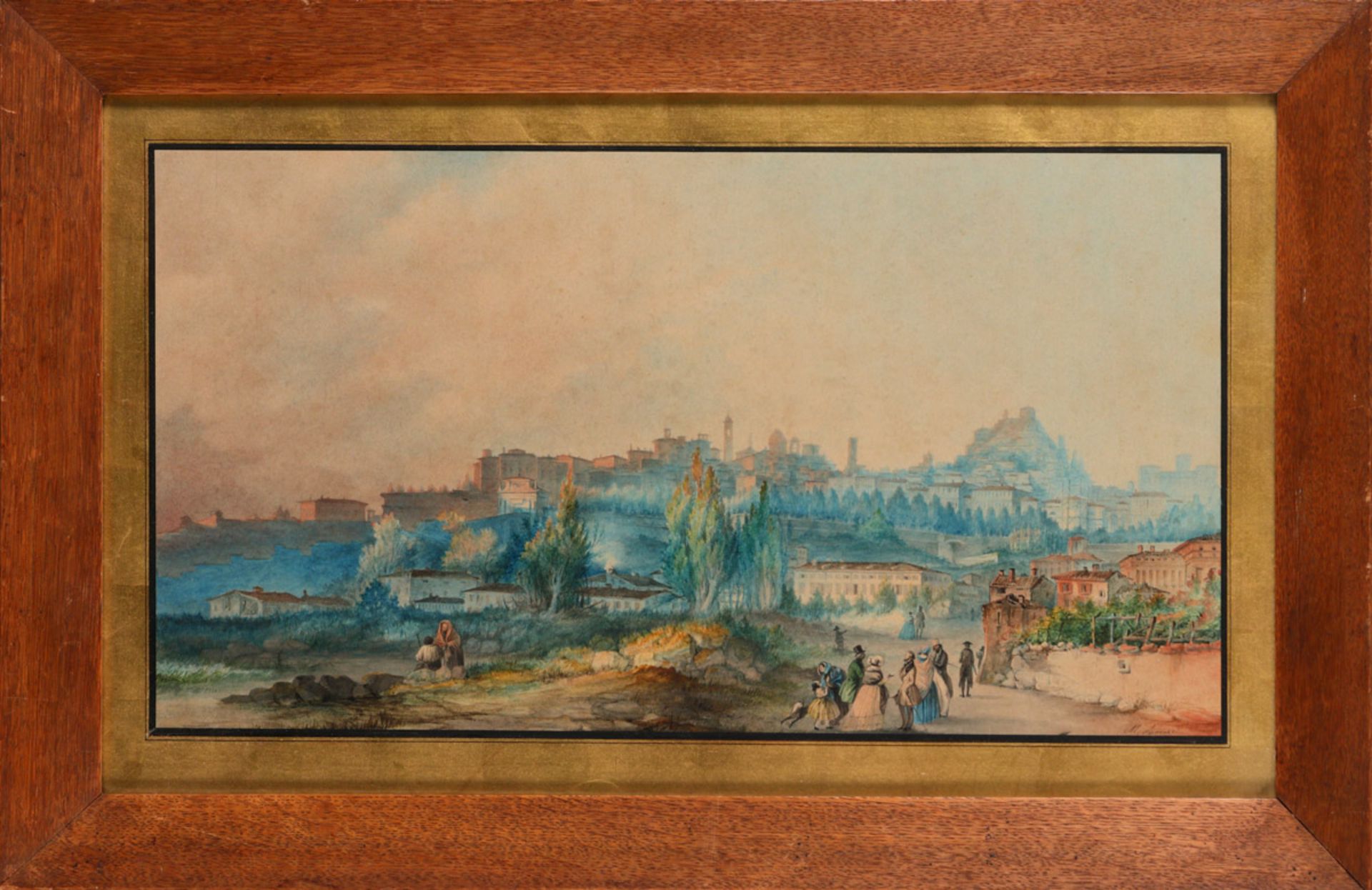 ITALIAN SCHOOL (19TH CENTURY), VIEW OF AN ITALIAN TOWN WITH FIGURES Watercolor on paper. Early