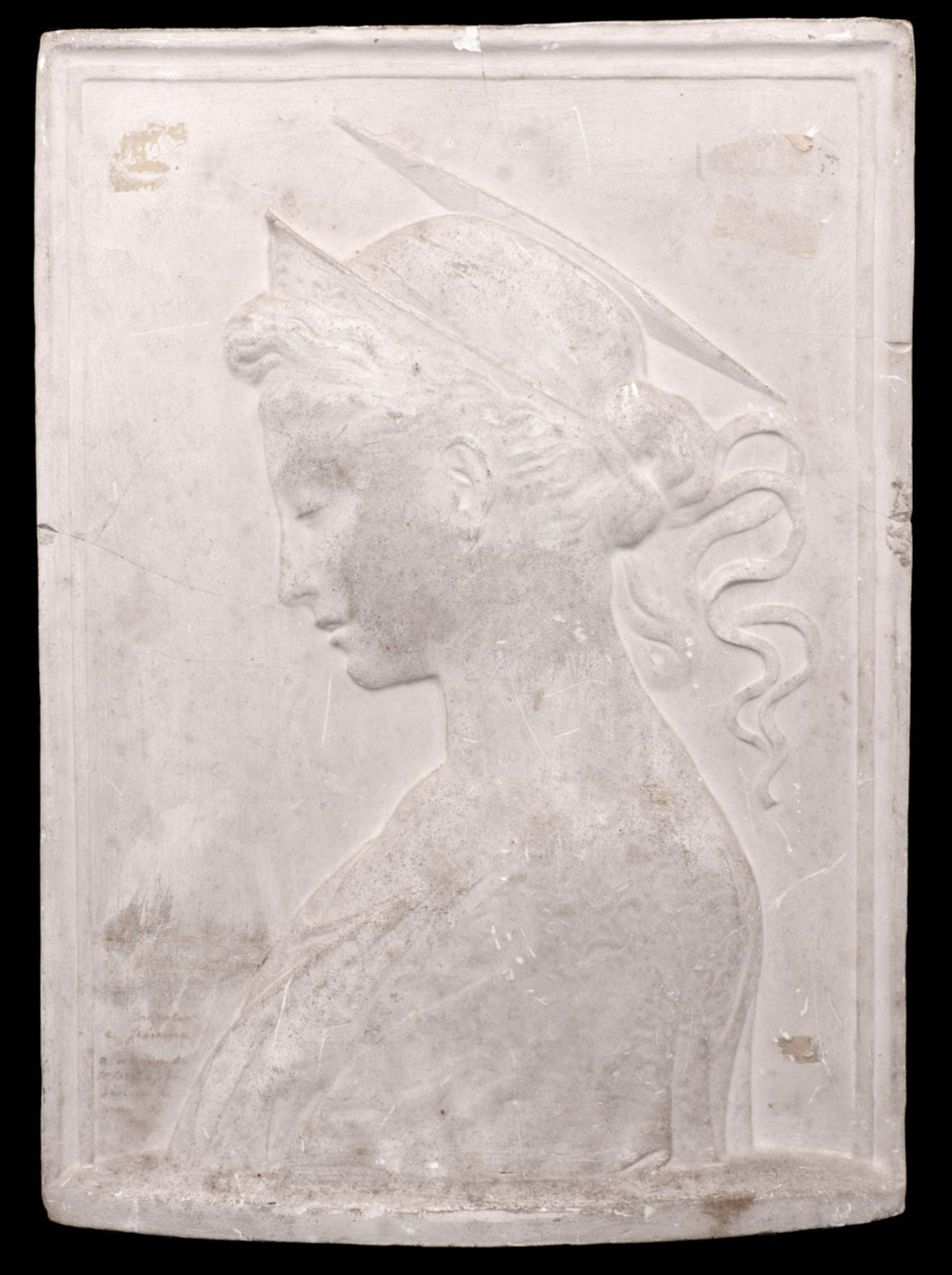 CONTESSINA DE BARDI / SAINT CECILIA Plaster relief, after Donatello. Defects. Dim.: 34x25 cm.