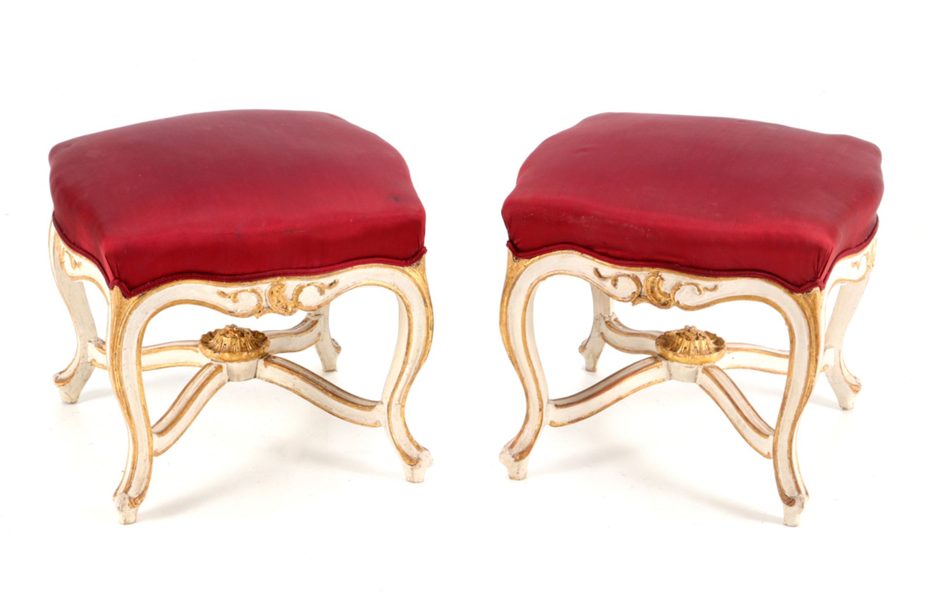 A PAIR OF LOUIS XV STOOLS White lacquered wood, gilt decoration. Silk lined tops. France, 19th